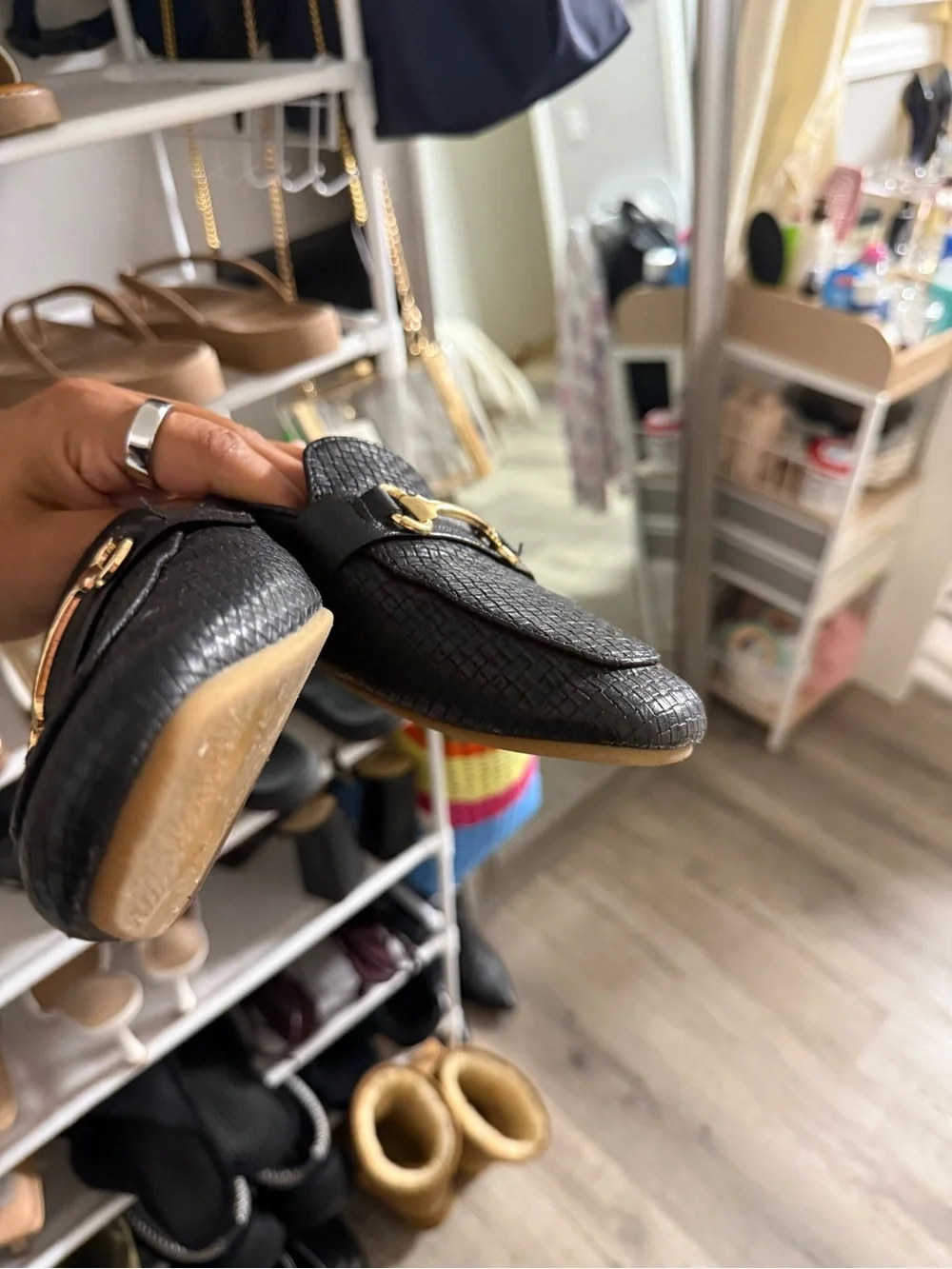 Women’s Black Slip-On Loafers with Gold Horsebit Accent